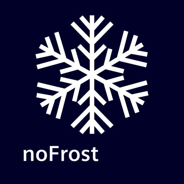 Symbol einer weißen Schneeflocke mit dem Schriftzug noFrost auf dunklem Hintergrund