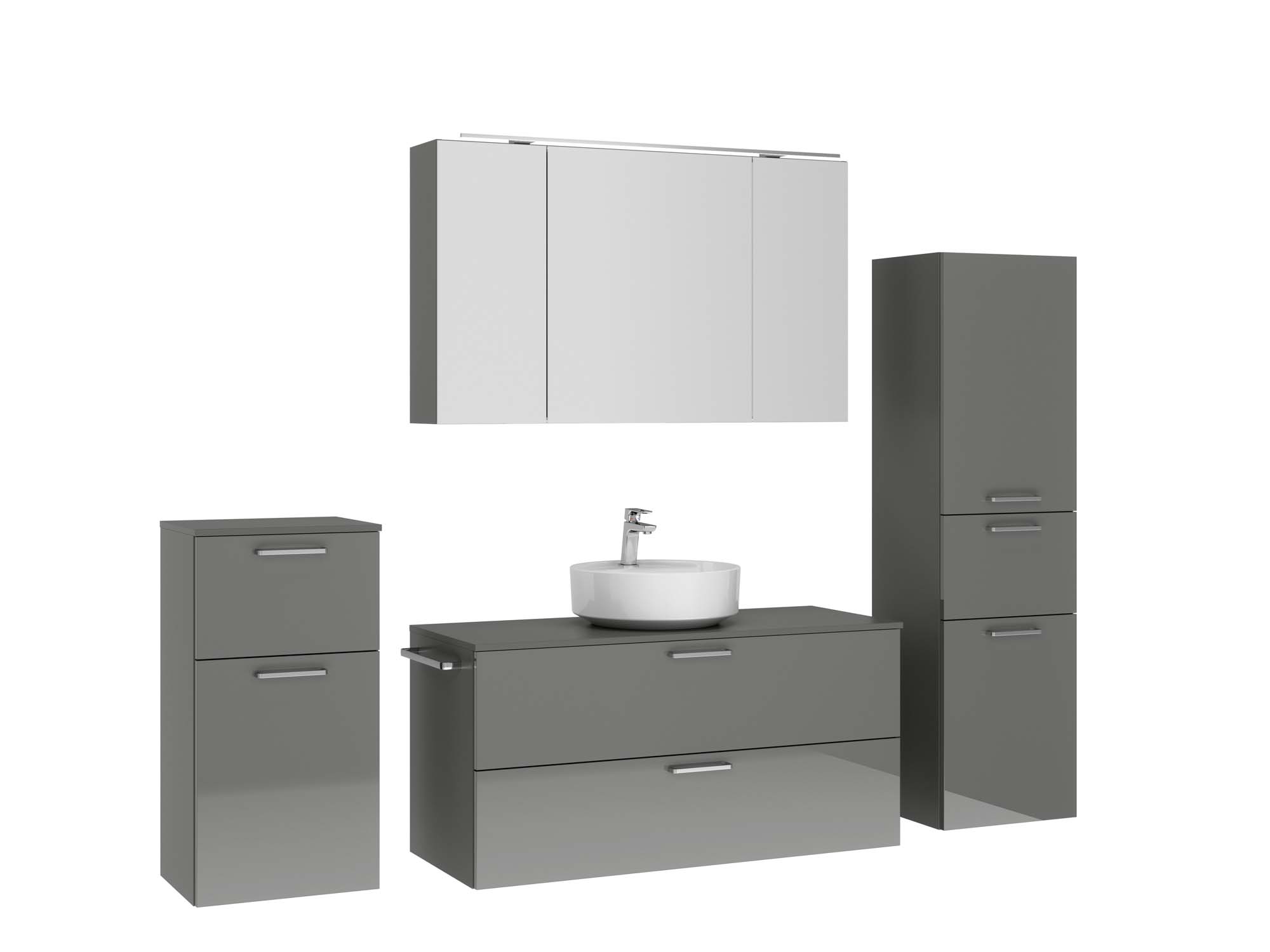 Badezimmermöbel-Set 3 Schränke grau mit Waschtisch und Spiegelschrank nobilia