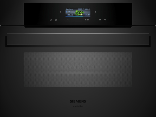 Frontalansicht des Siemens iQ700 Kompaktbackofens in elegantem Schwarz mit integriertem TFT-Full-Touchdisplay und markantem Türgriff.