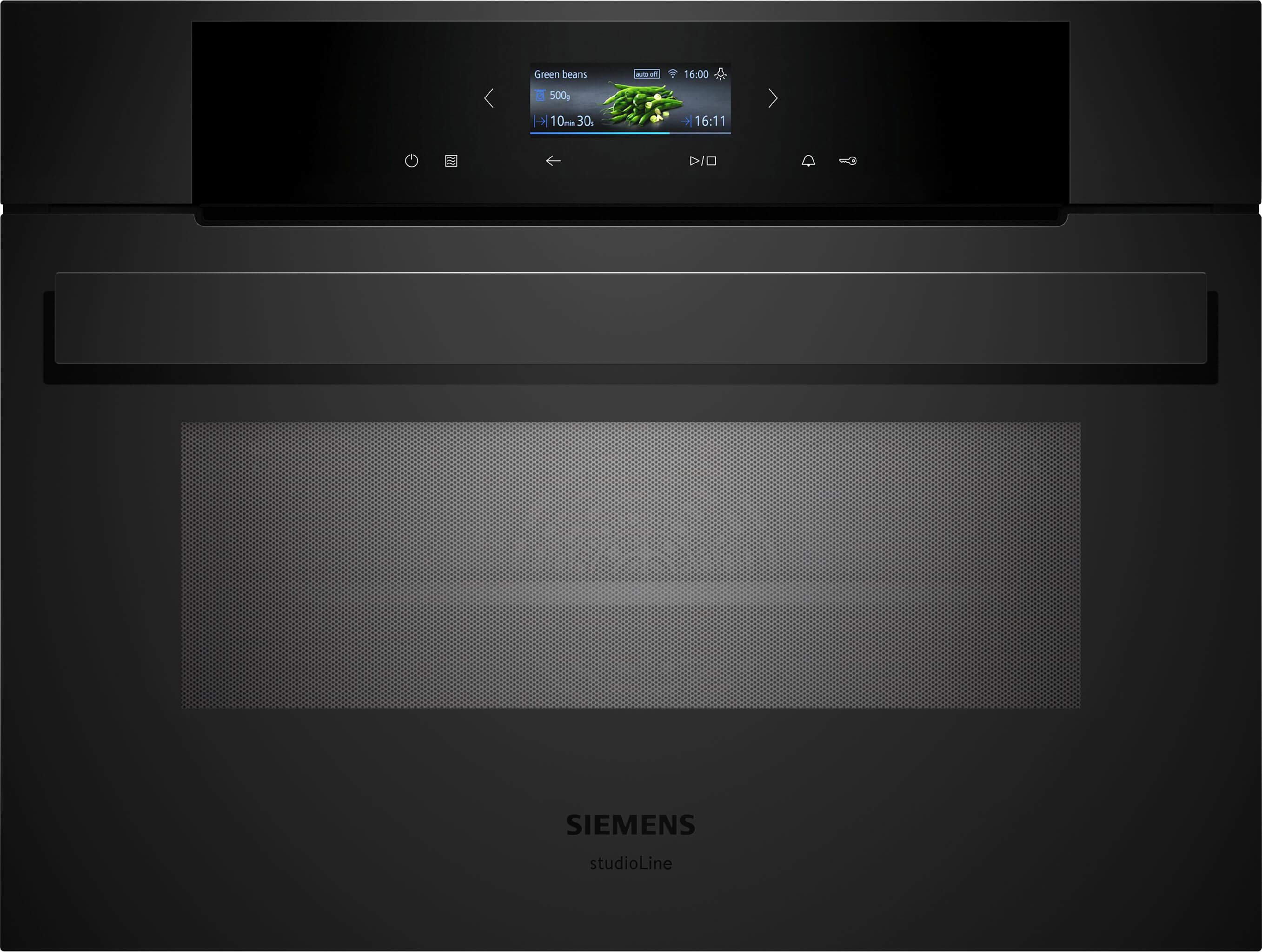 Frontalansicht des Siemens iQ700 Kompaktbackofens in elegantem Schwarz mit integriertem TFT-Full-Touchdisplay und markantem Türgriff.