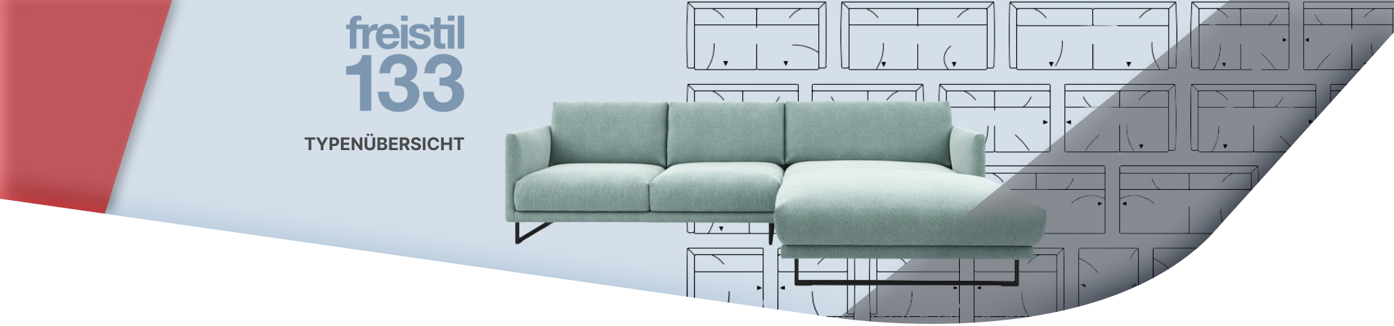 blaues Ecksofa mit Recamiere und der Aufschrift Typenübersicht freistil 133