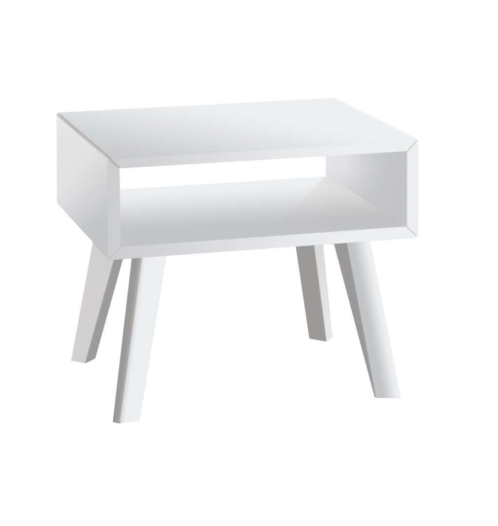 weißer Nachttisch auf vier hohen beinen und in form eines offenen faches vor weißem hintergrund jaca von hasena