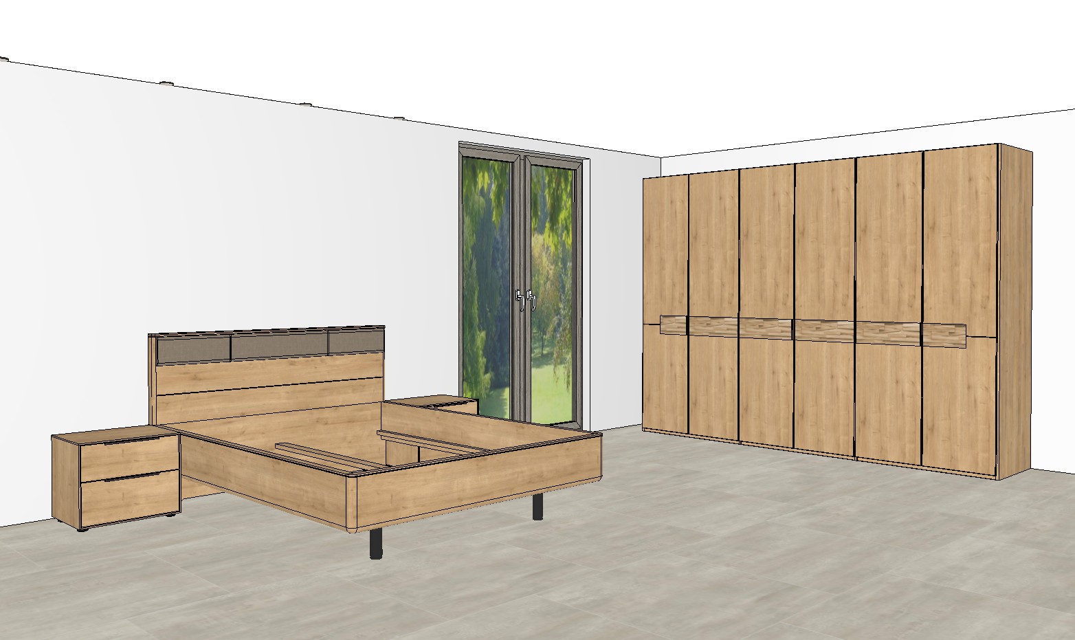 sechstüriger brauner Kleiderschrank und Bett mit Nachtschränken als Planungsbild einem modernen Raum