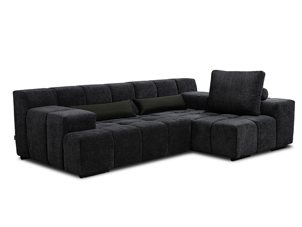 Großes, modernes Ecksofa in Dunkelgrau mit verstellbaren Kissen und breiten Armlehnen