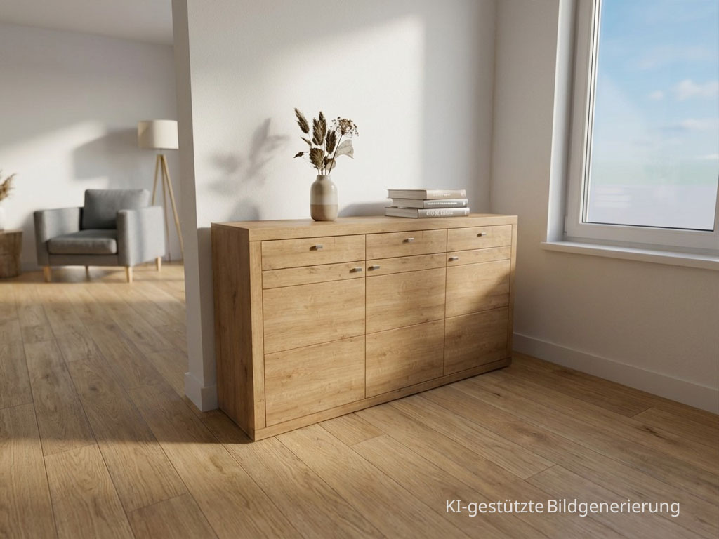 modernes braunes Highboard stilvoll dekoriert in einem hellen Raum, Bild KI generiert