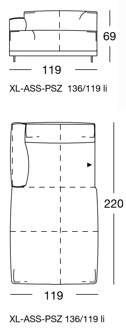 Maßzeichnung eines Sofaelements vor weißem Hintergrund freistil Rolf Benz 136