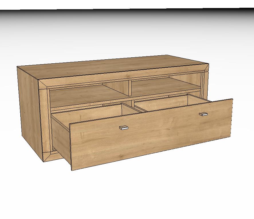 Holz-TV-Schrank mit offenen Fächern und großer Schublade geöffnet