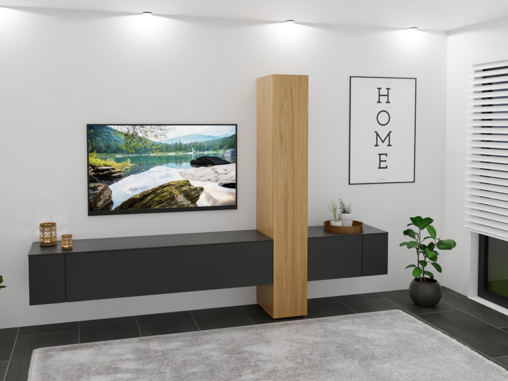 Sudbrock Cubo - Wohnwand | 3 Türen, 2 Klappen | B: 290,0 cm | Lack quarz Ein modernes Wohnzimmer mit einem schwarzen Wandregal, einem Fernseher und einem Holzregal. An der Wand hängt ein Bild mit dem Wort 'HOME'. Pflanzen und Dekorationen runden das Ambiente ab.