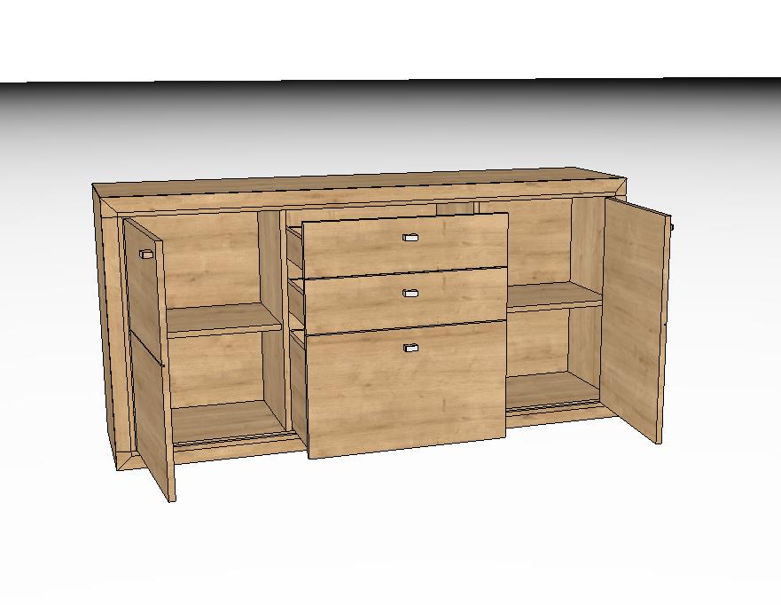 Rendering eines modernen Holzschranks mit zwei offenen Türen und drei Schubladen in der Mitte