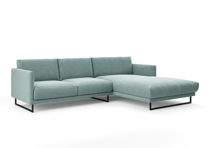 Modernes türkises Ecksofa mit bequemen Sitzpolstern und schwarzem Metallrahmen