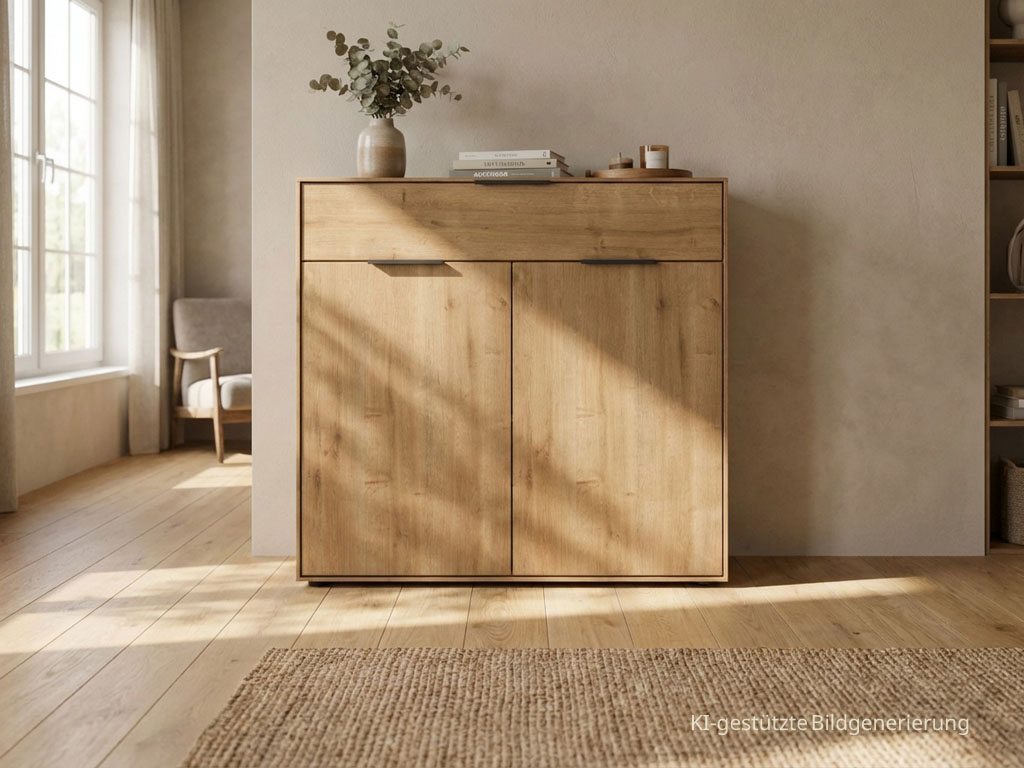 Braune Kommode stilvoll dekoriert in einem modernen Raum
