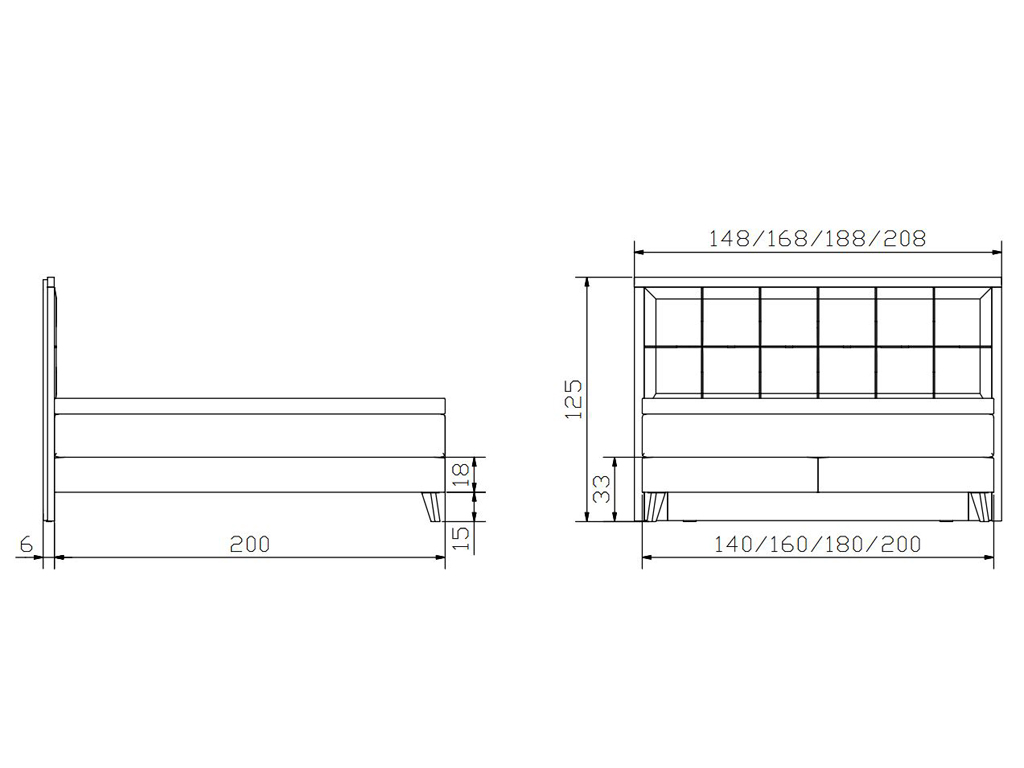 Zwei schematische Zeichnungen, die verschiedene Maße eines Boxspringbetts mit Kopfteil darstellen, einschließlich der Höhe, Länge und Breite.