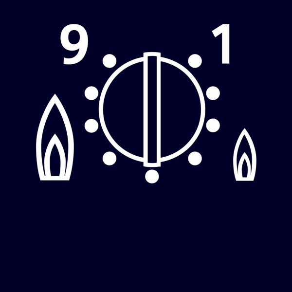 Grafik mit einer großen zentralen Form, Zahlen 9 und 1, umgeben von Kreisen, blauen Flammenmotiven im Hintergrund