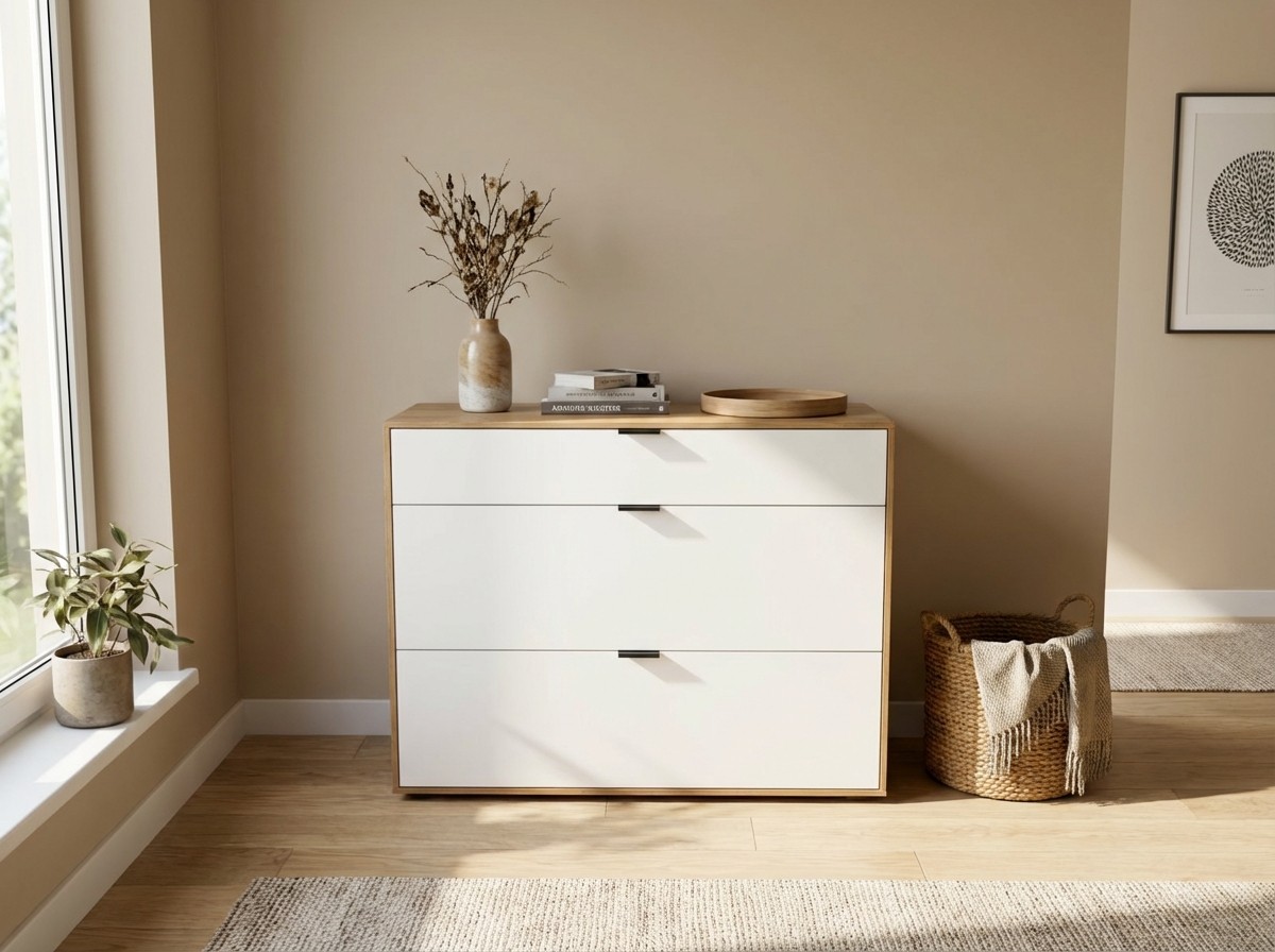 modernes weiß braunes Sideboards stilvoll dekoriert in einem hellen Zimmer