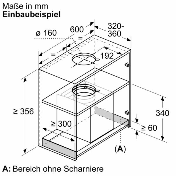 Einbaubeispiel: Technische Zeichnung, die die Einbaumaße in Millimetern für die Dunstabzugshaube in einem Oberschrank zeigt, inklusive des Abluftanschlussdurchmessers von 160 Millimetern.