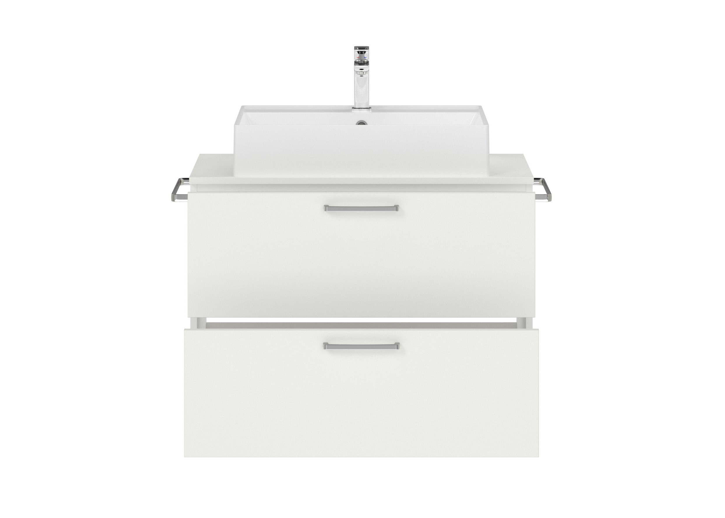 Badschrank weiß mit zwei Schubladen mit eckigem Aufsatzwaschbecken Handtuchhaltern und Armatur nobilia