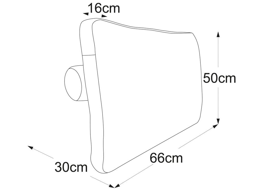 Strichzeichnung eines Rückenkissens mit einer seitlich angebrachten zylindrischen Rolle. Die Maße sind angegeben: 66 cm Länge, 50 cm Höhe, 16 cm Breite des Kissens und 30 cm Tiefe der Rolle.