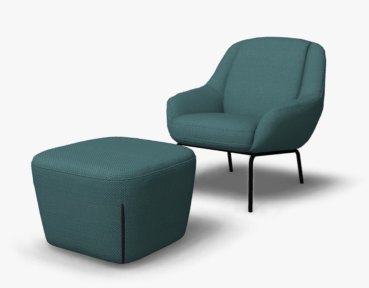 Sessel set mit einem hocker in türkis und Sessel mit schwarzem gestell vor weißem Hintergrund