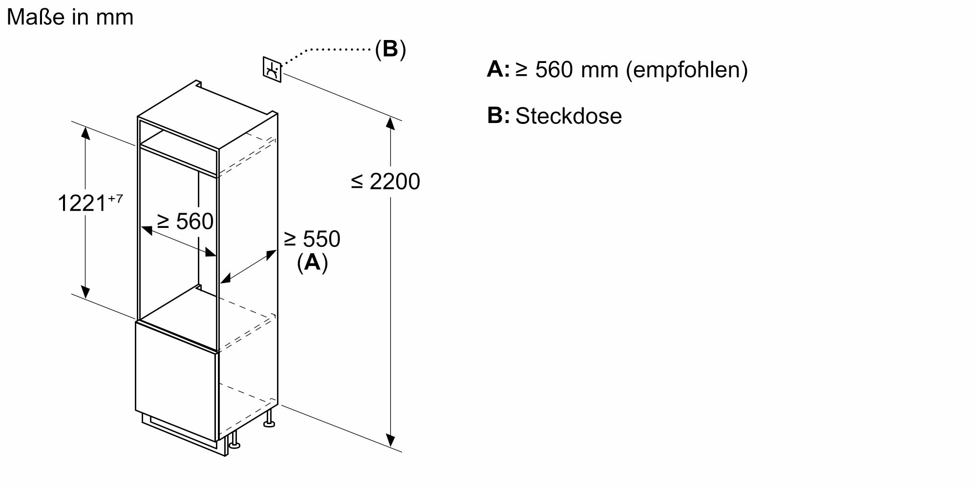 Technische Zeichnung der Einbauvorgaben für eine Kühl-Gefrierkombination mit spezifischen Lüftungs- und Einbaumaßen in Millimetern.