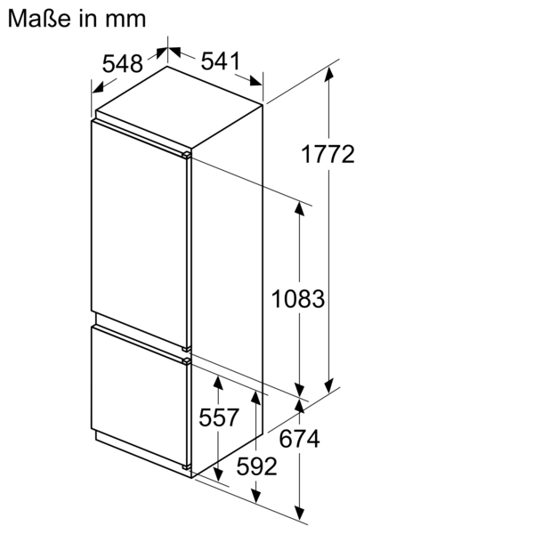 Technische Zeichnung eines Kühlschranks mit den Maßen: Höhe 1772 mm, Breite 548 mm, Tiefe 557 mm, und weiteren Details in Millimetern.