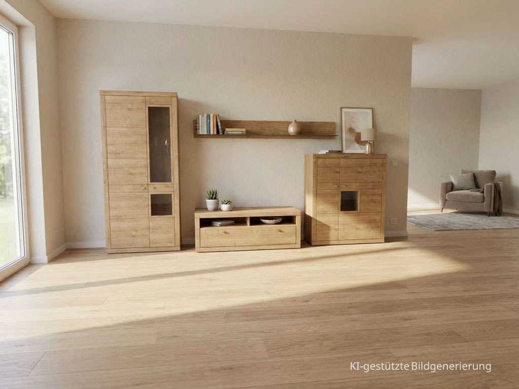 moderne braune Wohnwand stilvoll dekoriert in einem hellen Raum, Bild KI generiert