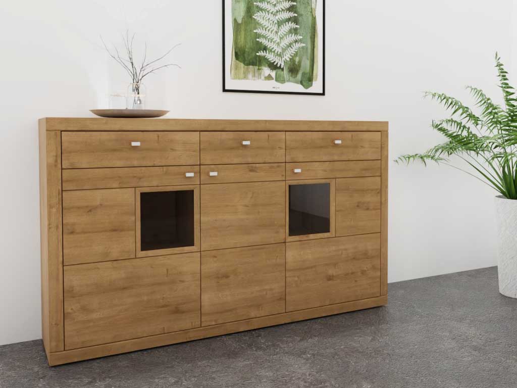 Eine stilvolle Holzkommode mit mehreren Schubladen und Fächern in einem modernen Wohnzimmer.