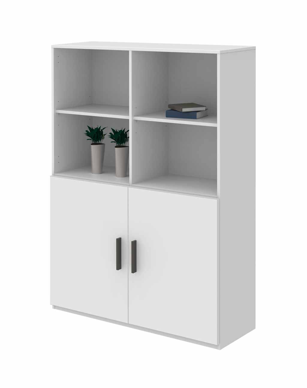 Röhr Bush. qunit - Highboard mit 2 Türen | weiß | B: 100 cm Ein weißer Schrank mit vier offenen Regalfächern, zwei davon mit Pflanzen und Büchern, sowie zwei Türen unten mit schwarzen Griffen.