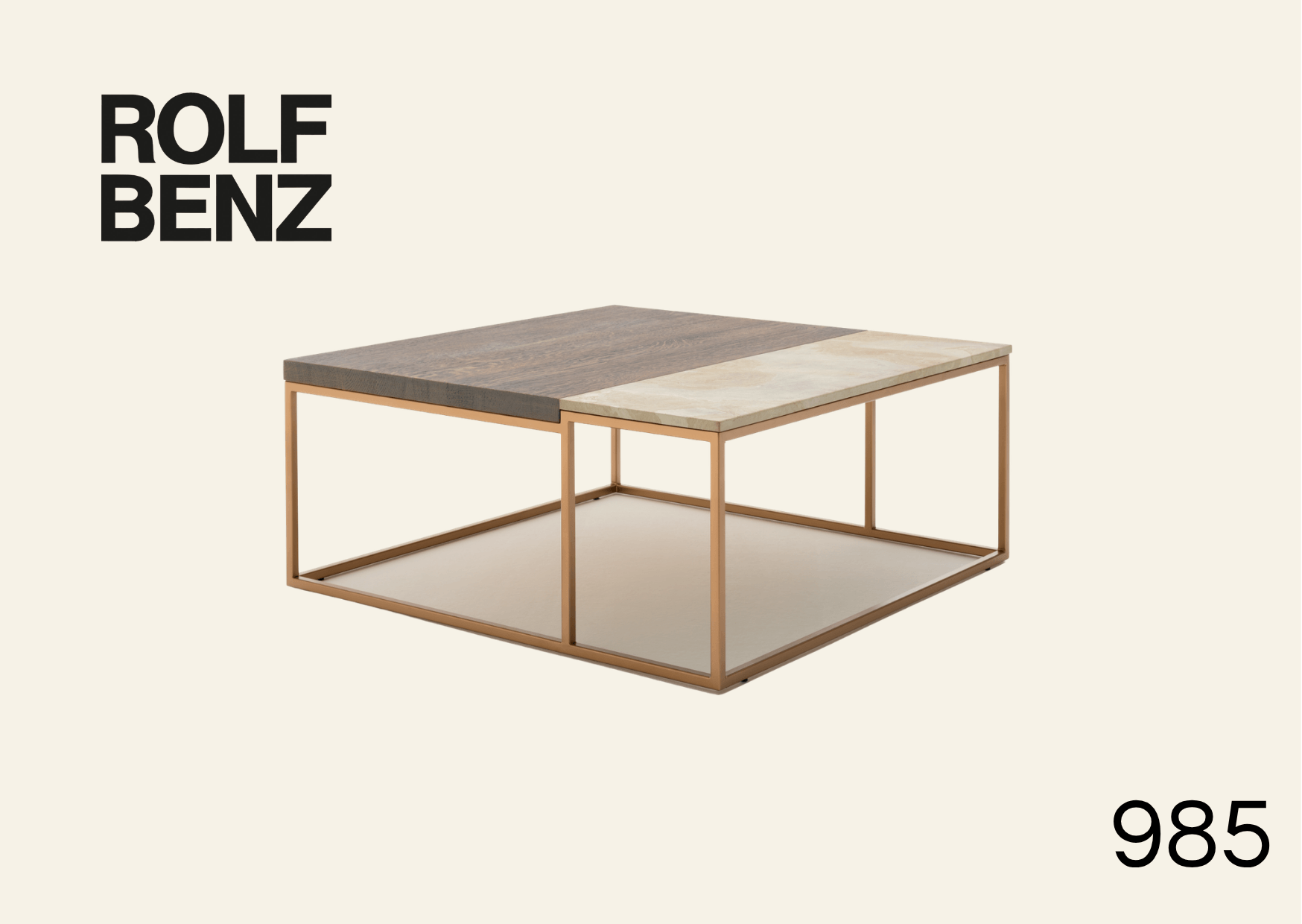 Beistelltisch mit zwei unterschiedlichen Tischplatten aus Stein. Bildaufschrift: Rolf Benz 985.