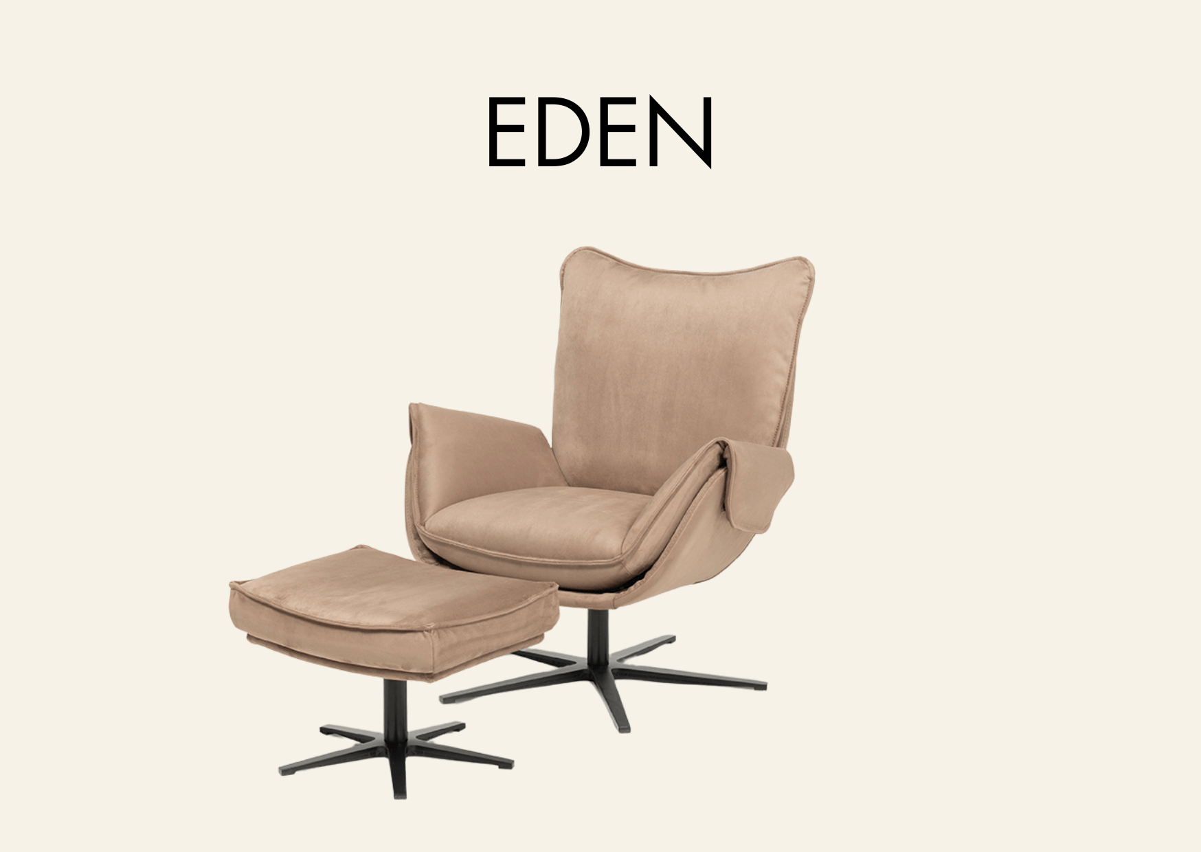 Polstersessel mit Hocker und Kreuzfuß. Aufschrift "Eden"