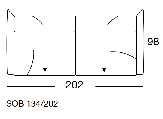 freistil Rolf Benz 134 - Sofabank | B: 202  cm | SOB 134/202 Maßzeichnung eines Sofaelement vor weißem Hintergrund freistil Rolf Benz 134