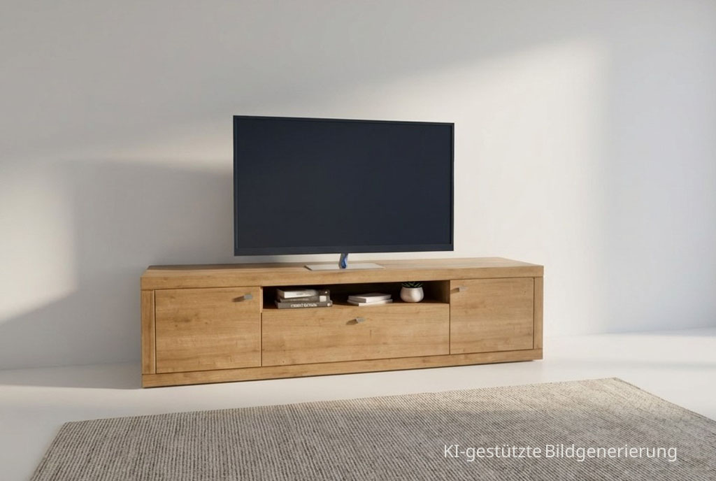 modernes braunes Lowboard stilvoll dekoriert in einem hellen Raum, Bild KI generiert