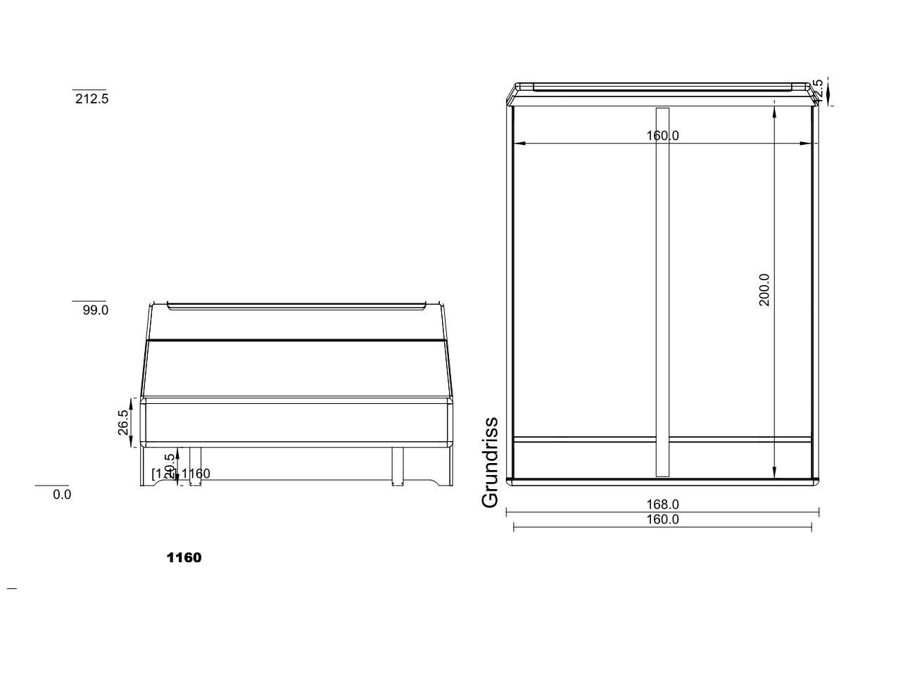 Type 1160 | Liegefläche: 160,0 × 200,0 cm  | Stellfläche: 167,6 × 216,8 cm