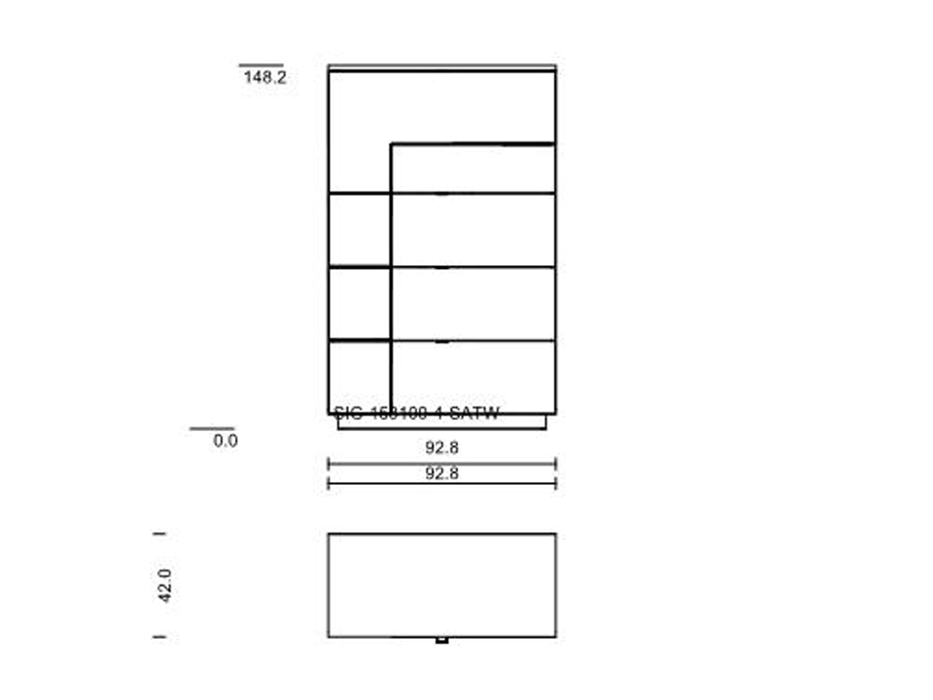 Technische Zeichnung eines Regals, Höhe 148,2 cm, Breite 92,8 cm, Tiefe 42 cm, inklusive Bemaßung.