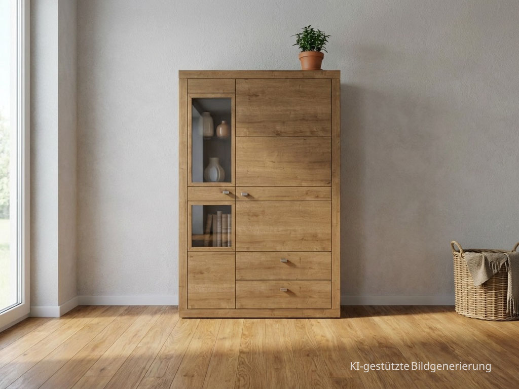 moderner brauner Schrank stilvoll dekoriert in einem hellen Raum, Bild KI generiert