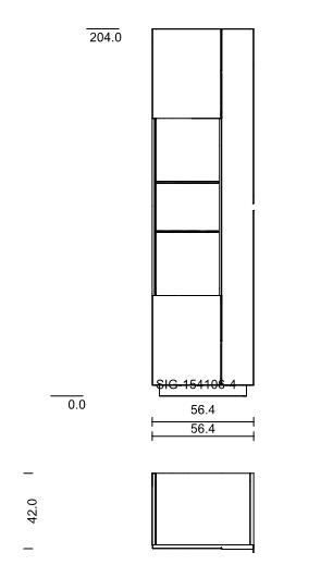 Detaillierte technische Zeichnung eines Schranks mit den Maßen 204 cm Höhe, 56,4 cm Breite und 42 cm Tiefe, einschließlich Regalpositionen und Abmessungen.
