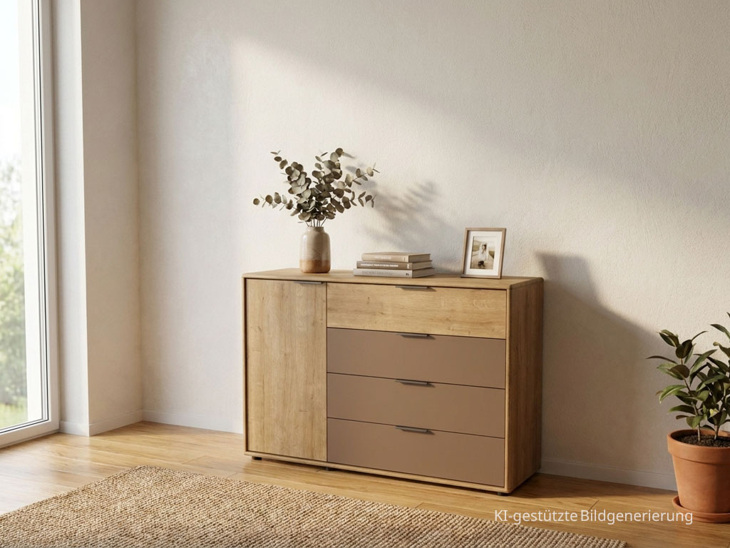 Moderne braune Kommode mit einer Tür und vier Schubladen untere drei Schubladen mit dunkelbraunen Akzent stilvoll dekoriert in einem modernen Zimmer, Bild KI generiert