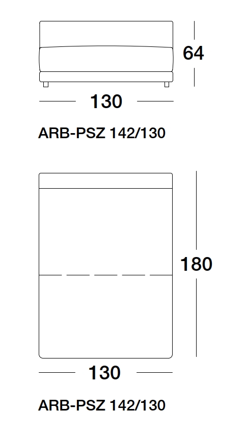 Maßzeichnung eines Sofaelements vor weißem Hintergrund freistil Rolf Benz 142