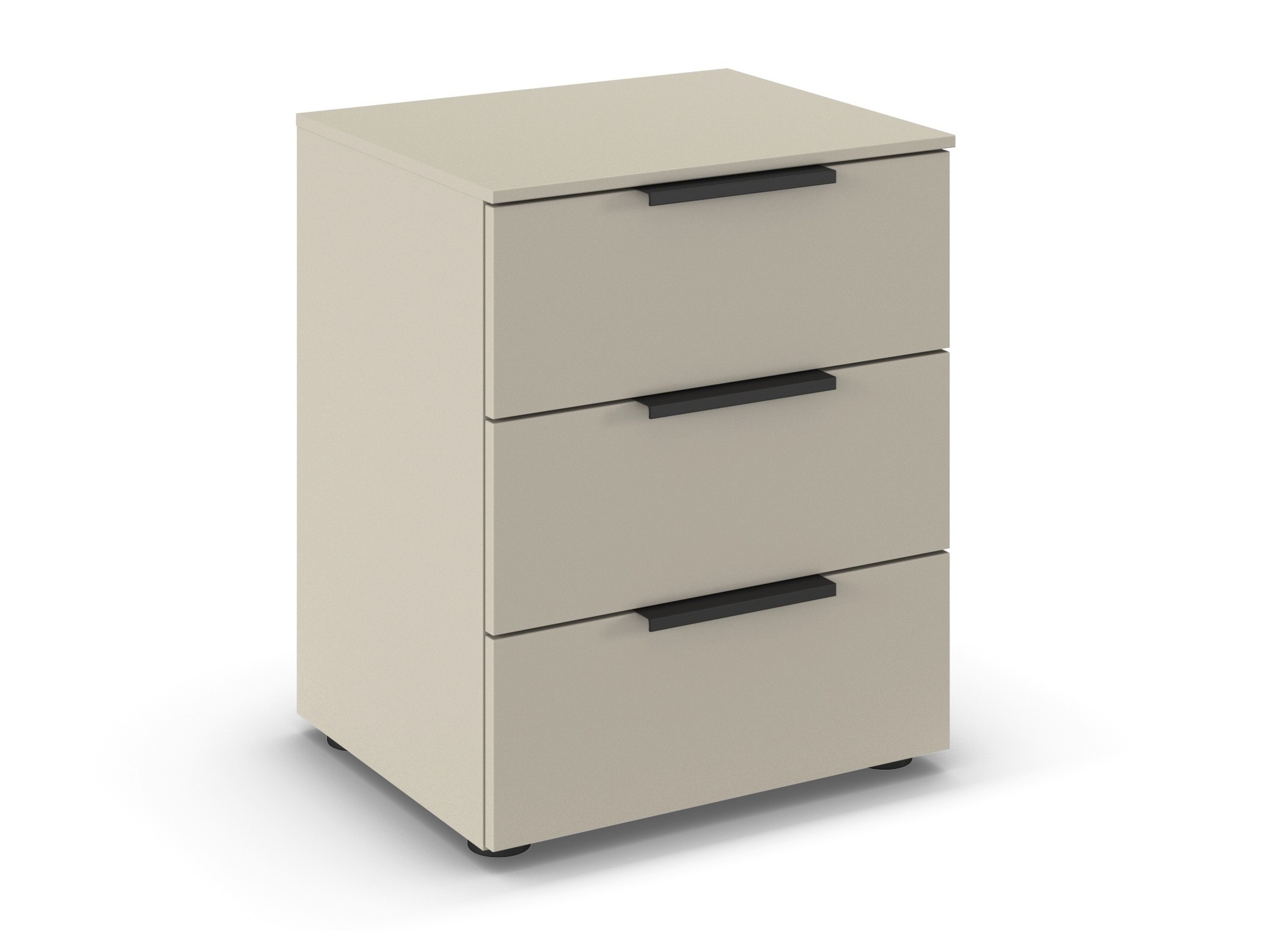 grauer Nachttisch mit drei Schubladen vor weißem Hintergrund