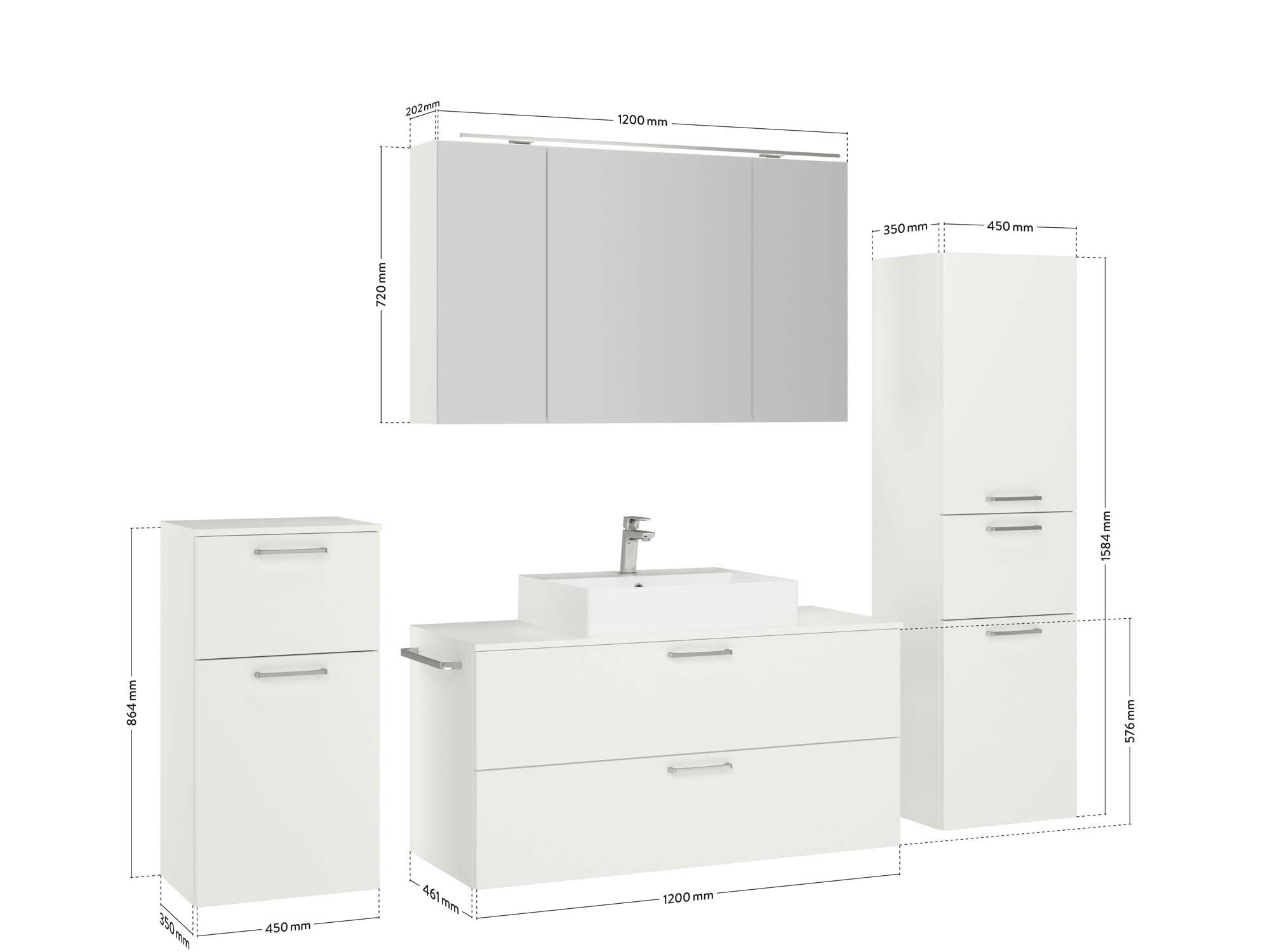 Badezimmermöbel-Set 3 Schränke weiß mit Waschtisch und Spiegelschrank Maßzeichnung nobilia 
