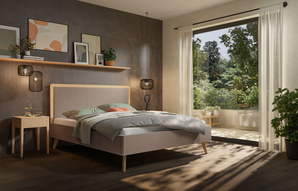 Sandfarben bezogenes Polsterbett mit Holzeinfassung am Kopfteil und Holzfüßen in einem modern eingerichteten Schlafzimmer (KI-generiert)