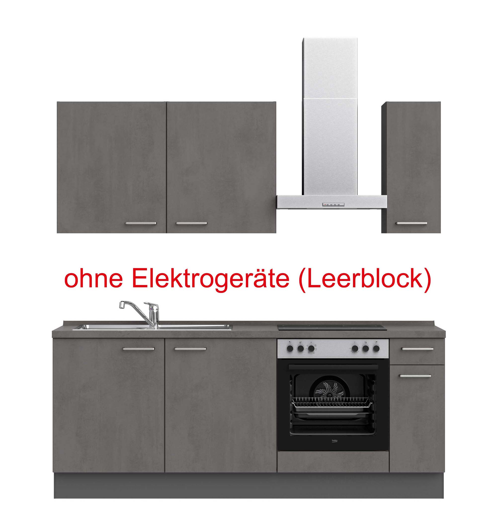 küchenzeile grau mit Backofen, Herd, Dunstabzugshaube, Waschbecken, Armatur mit Hinweistext ohne Elektrogeräte (Leerblock) nobilia riva