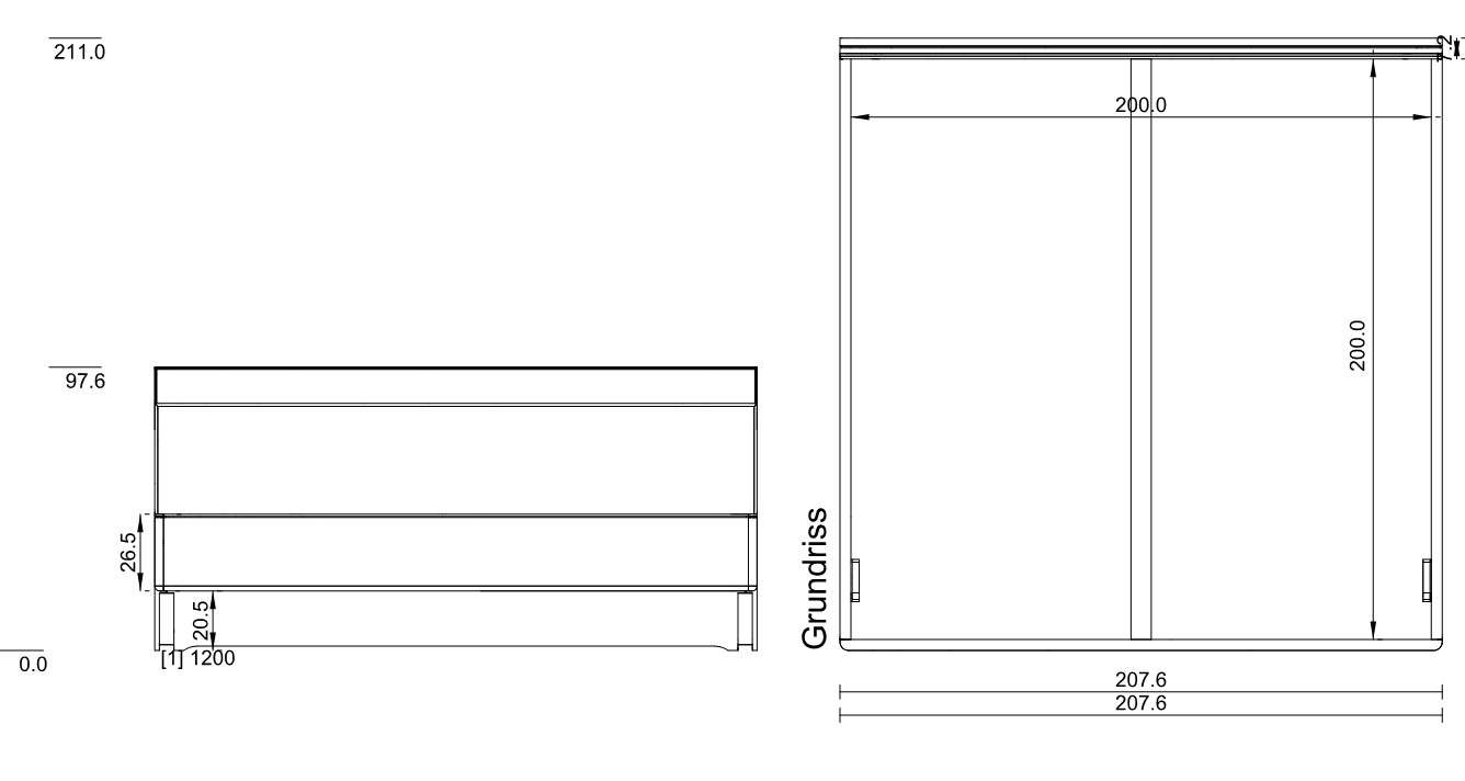 Type 1200 | Liegefläche: 200,0 × 200,0 cm  | Stellfläche: 207,6 × 211,0 cm