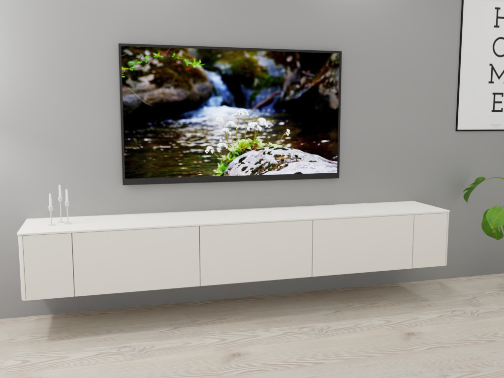 Sudbrock Goya - Lowboard | 2 Türen, 2 Klappen, 1 Schublade | B: 265,2 cm | Lack blütenweiß Helles Wohnzimmer mit wandmontiertem Regal, dekoriert mit Kerzenhaltern, und einem Fernseher, der ein Naturbild zeigt.