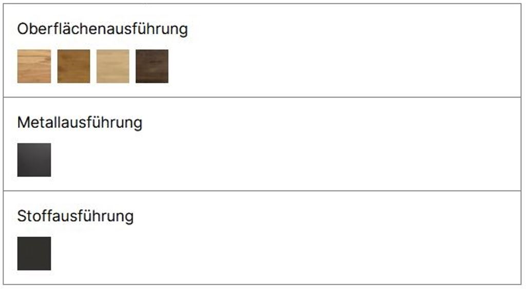 Ein Bild, das die verfügbaren Material- und Farbausführungen für das Bett "Broni" zeigt. Es gibt eine Auswahl an Holzoberflächen, eine schwarze Metallausführung für die Beine und eine schwarze Stoffausführung für das Kopfteil.
