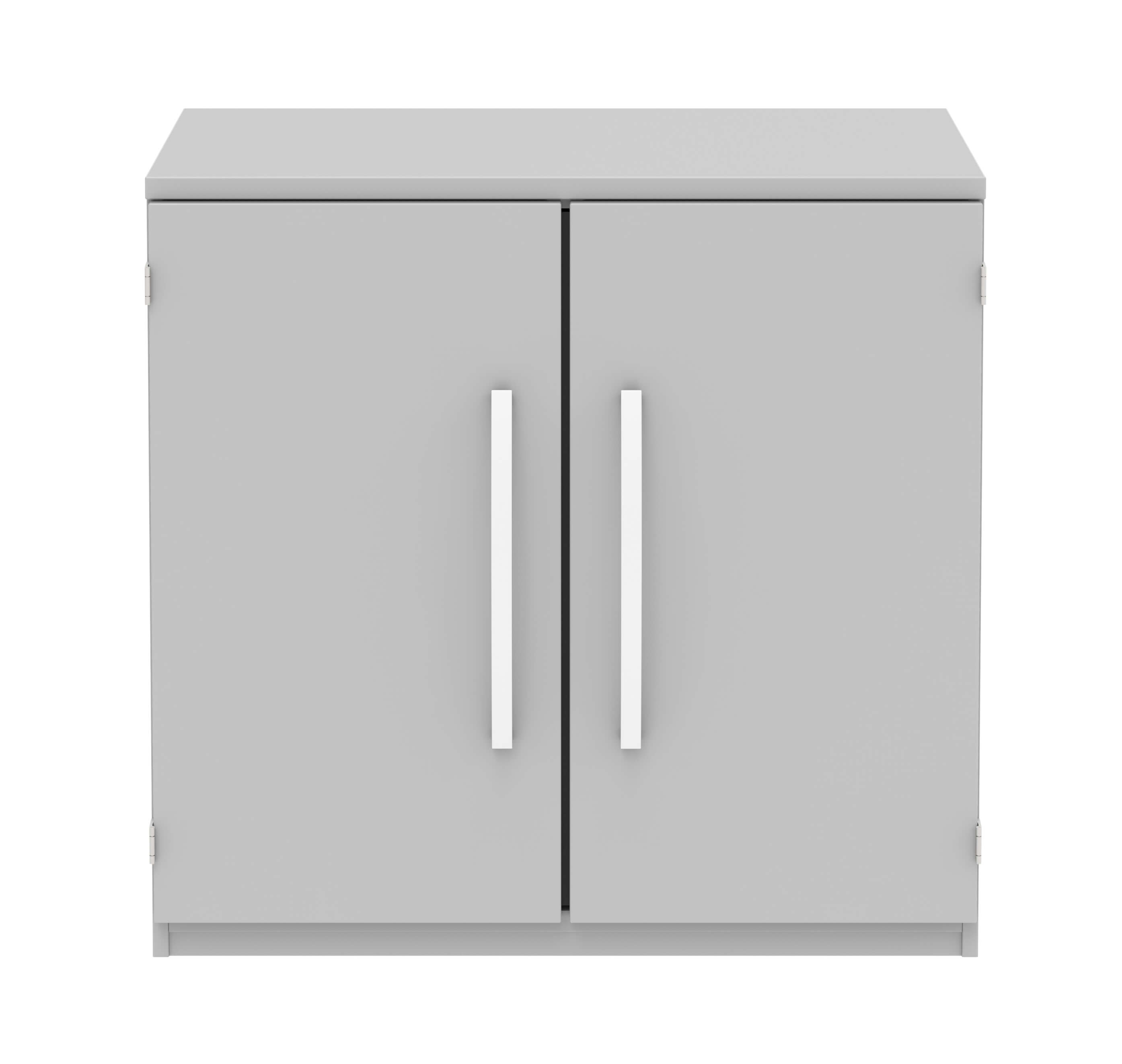 Grauer Schrank mit zwei Türen und weißen Griffen, minimalistisches Design