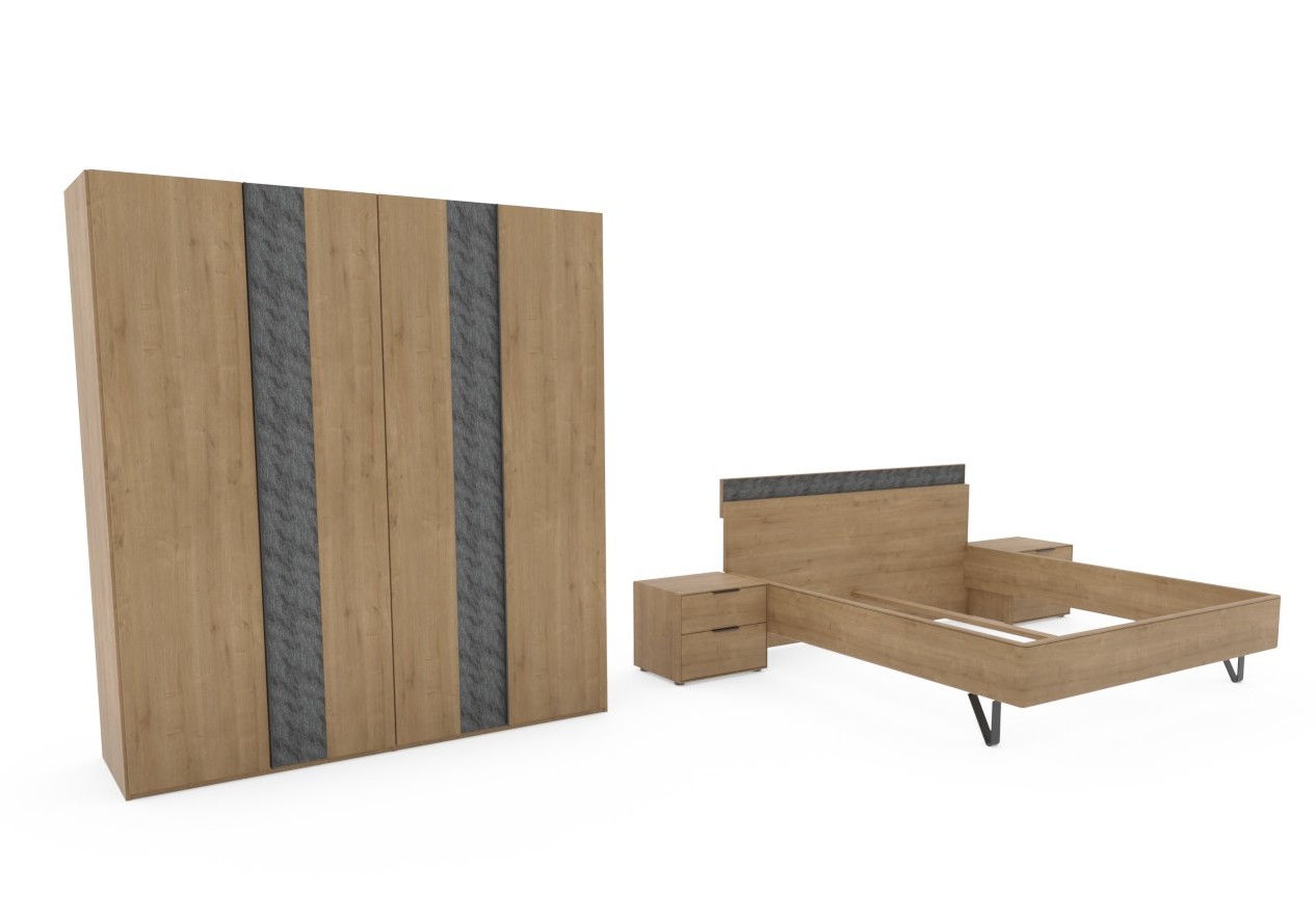 brauner Schrank mit zwei grauen Streifen und Bett mit zwei Konsolen vor weißem Hintergrund