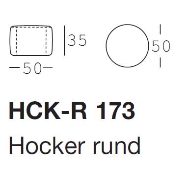 Illustration der Maße des runden Hockers HCK-R 173, 50 cm Durchmesser und 35 cm Höhe