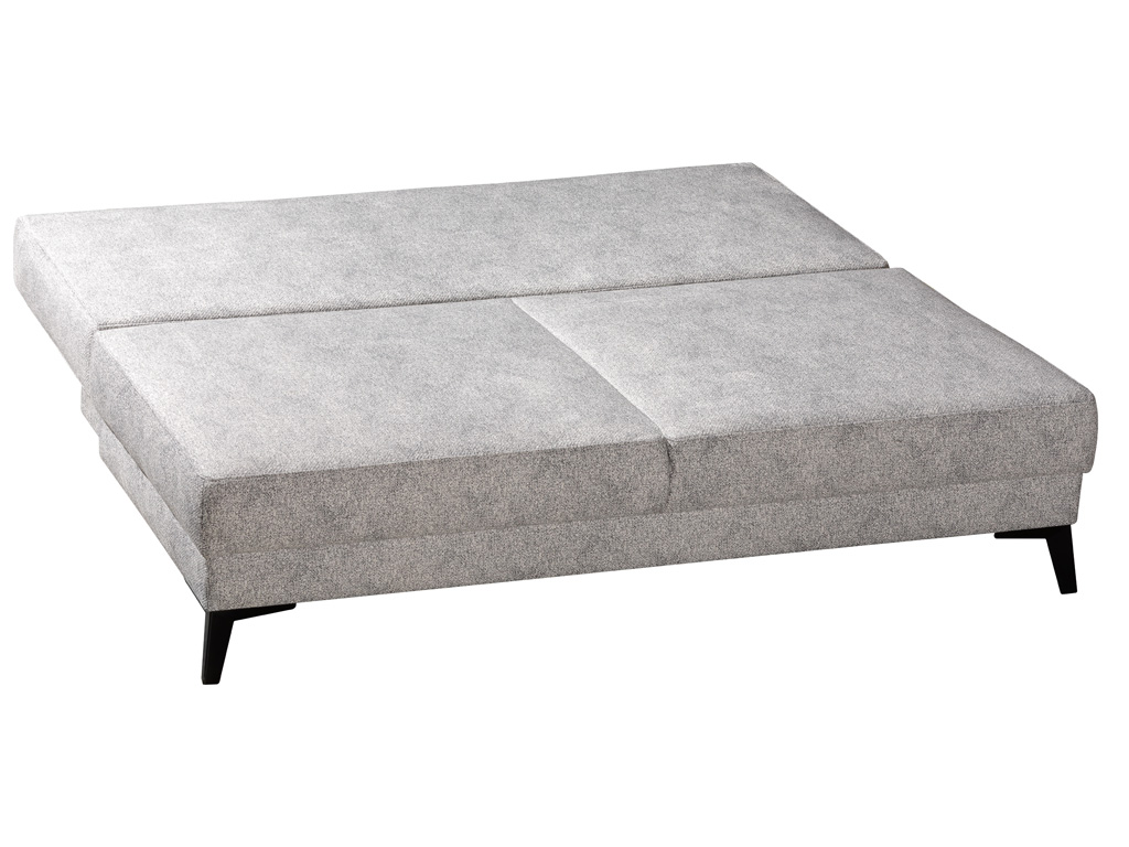 Graues Schlafsofa mit Metallbeinen in ausgeklappter Position