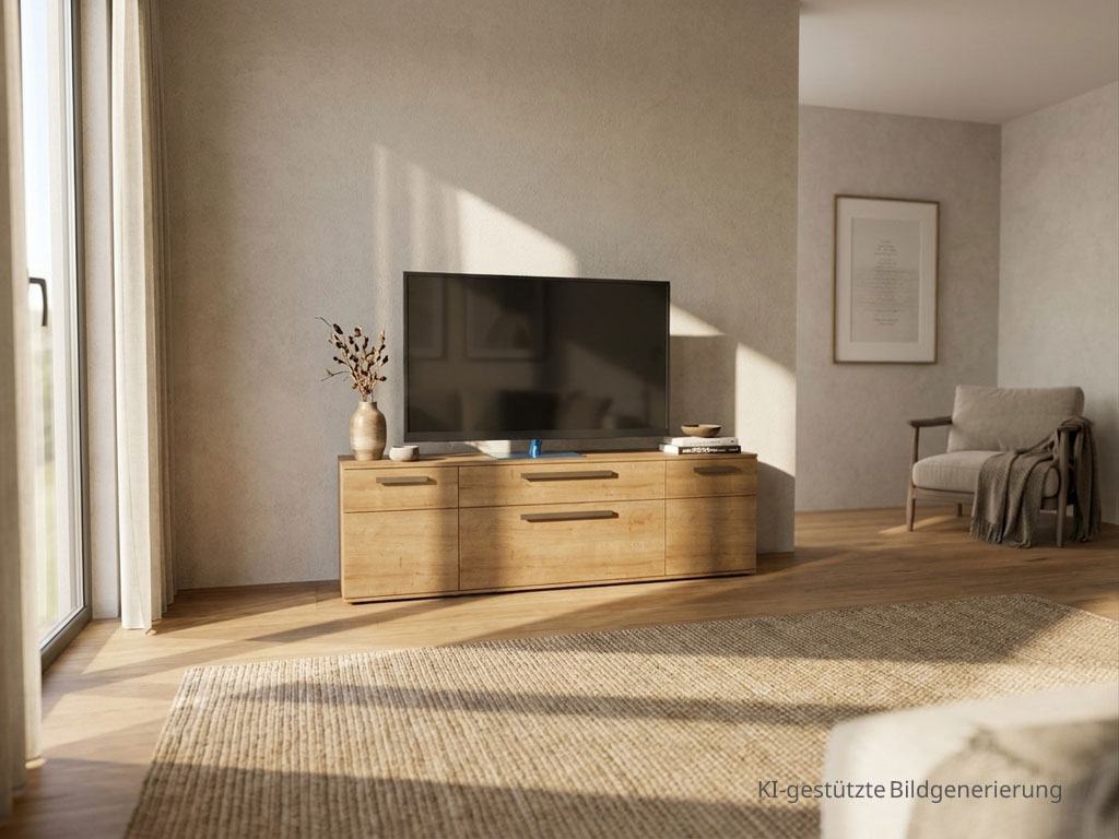 Modernes braunes Lowboard mit markanten Griffen stilvoll dekoriert in einem modernen Zimmer, Bild KI generiert