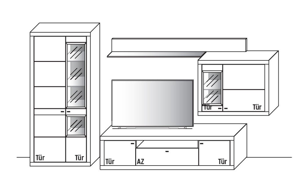 Schwarz-weiße Skizze einer Wohnwand mit Glasvitrine, Hängeschrank und TV-Board, ideal für Wohnzimmereinrichtung